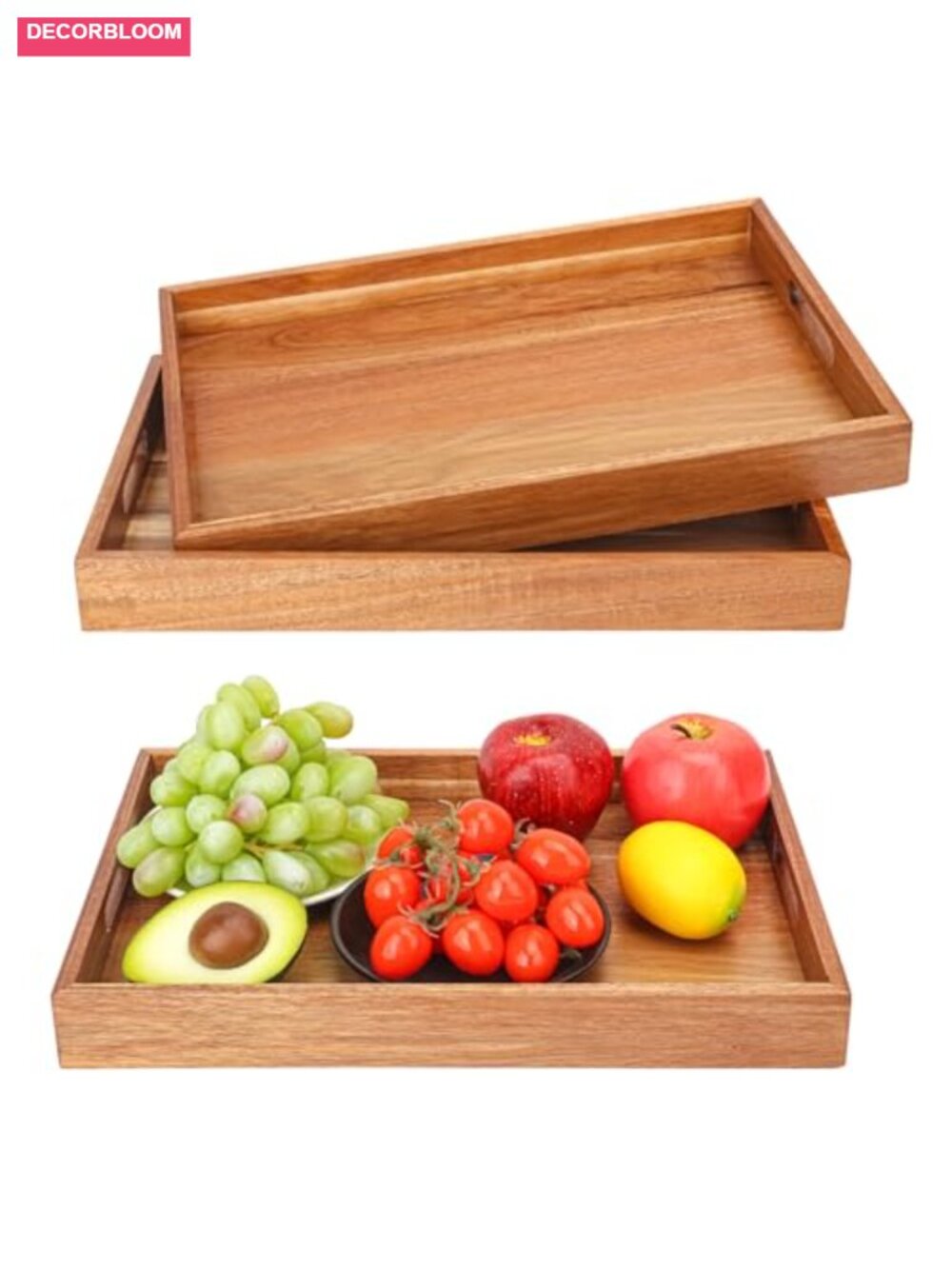 Acacia Wood Serving Tray with Handles 15x10 Rectangle 3 Pc Set